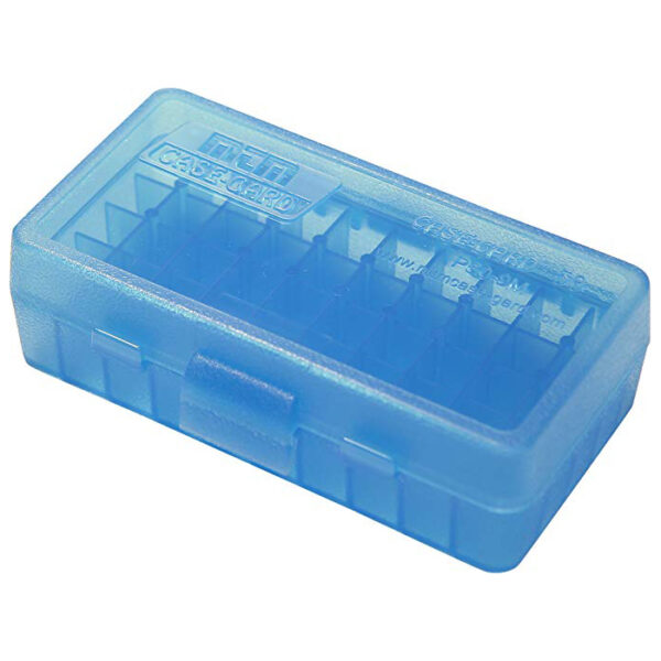 Mtm 50 rd flip-top ammo box, 9mm/380 acp, blue